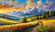 Oil painting of beautiful grassland landscape with mountains and green nature. Natural scenery.