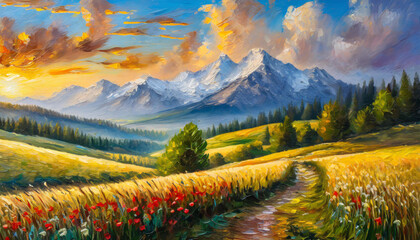 Wall Mural - Oil painting of beautiful grassland landscape with mountains and green nature. Natural scenery.