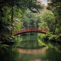 A peaceful image of a red wooden bridge over a lush green riverbank.