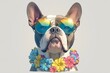 A cute and funny Boston Terrier dog wearing colorful hippie , big round sunglasses with rainbow lens