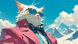 A cat wearing sunglasses and pink jacket with bow tie, dressed in suit standing on the mountain background.