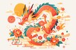 A Chinese dragon made of papercut art in a simple flat illustration style with a red and pink color scheme, surrounded by flowers