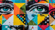 © Sascha - Street art mural graffiti depicting the face of an attractive woman with large eyes, surrounded by geometric patterns and vibrant colors.