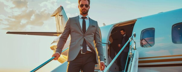 A handsome young businessman is getting off a private plane.