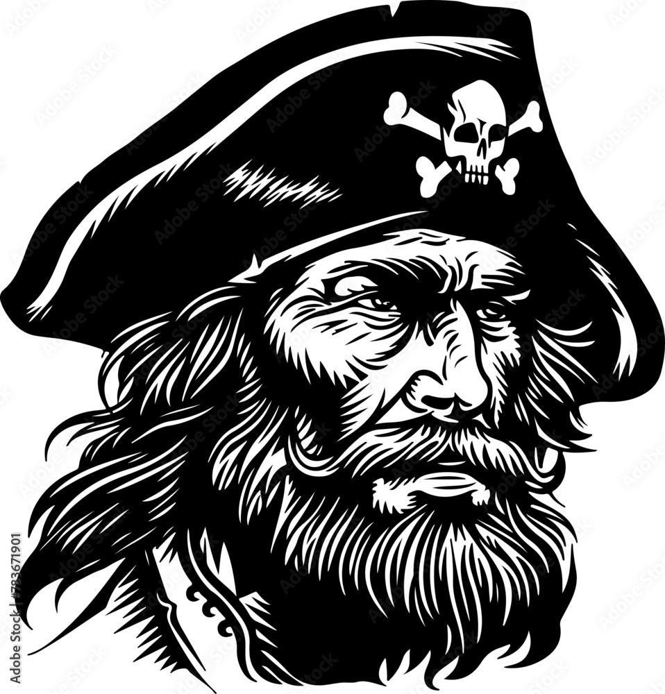 An intense black and white illustration of a pirate, marked with a ...