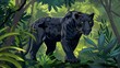 A black panther in the jungle. Jungle background.  the smooth black jaguar