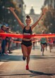 © Simona - A young athletic woman runs across the finish line.
