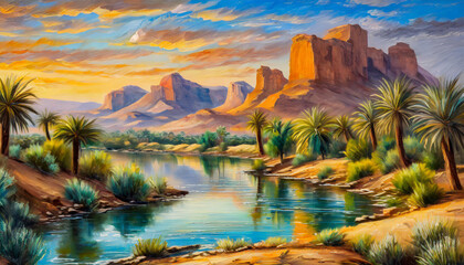 Wall Mural - Oil painting of beautiful oasis landscape. Sky with clouds. Natural scenery. Hand drawn art.