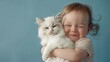 A heartwarming moment of a young child with closed eyes, grinning with pure joy, as they lovingly embrace a fluffy white cat on pastel blue background - AI Generated Digital Art
