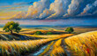 Oil painting of beautiful steppe landscape. Sky with clouds. Natural scenery. Hand drawn art.