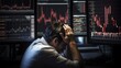 Trader under stress with screens displaying falling stock charts, a dramatic financial moment.