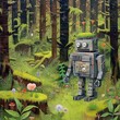 Roboter im Wald zwischen Bäumen, Menschen und Maschinen fantasievolle Technologie in der Wildnis