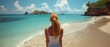 woman at sunny beach, tourist woman back view with beautiful seascape, great escape, calm peaceful tropical coastal scene, Generative Ai