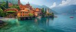 beautiful coastal town with old building and turquois water green mountain as background, Generative Ai