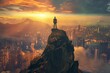 A person stands atop a mountain peak, gazing at a sprawling city below amidst golden sunrise clouds.