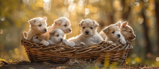 Wall Mural - Adorable Golden Retriever Puppies in Wicker Basket at Sunset