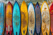 Many colorful surfboards arranged on the beach. Surf background pattern.