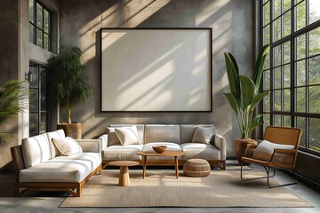 Wall Mural - mockup design blank photo frame hanging on wall at cozy living room, boho style interior room with sunlight, light and shadow play, Generative Ai  