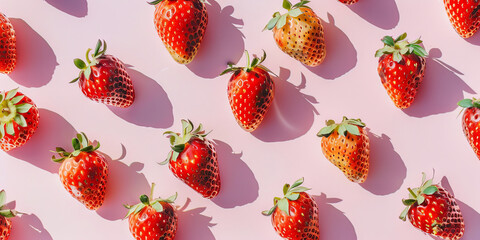 Wall Mural - Fresh Strawberries on Pink Background - Patterned Summer Fruit