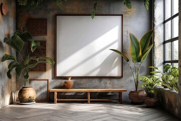 Wall Mural - mockup design blank photo frame hanging on wall at cozy living room, boho style interior room with sunlight, light and shadow play, Generative Ai  