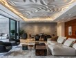 Captivating Textured Ceiling Elevates Luxurious Modern Living Space with Sophisticated Lighting Design