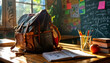 Student backpack and stationery supplies in a school Classroom for back to school concept
