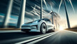 Close-up of an electric car speeding past wind turbines, panning motion blur. AI generated.
