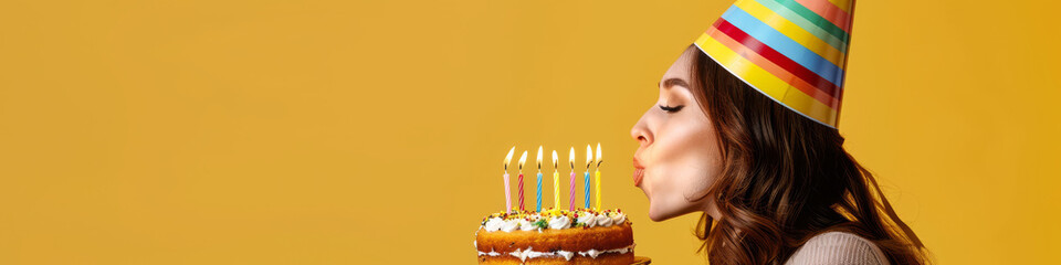 Celebratory Moment: Woman Blowing Candles on Birthday Cake