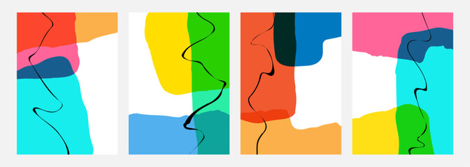 Poster - Set of abstract backgrounds with various curved bright colored shapes and black wavy lines for creative graphic design. Vector illustration.