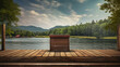 A wooden dock with a beautiful view of a lake and mountains in the distance.