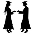 Silhouette of two female graduates students shake hands on white background. Vector illustration