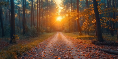 nature trial with tire marks on the road that passing forest Generative Ai