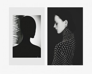 Portrait of a woman with dot pattern on her head in two black and white photographs