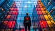 an worker standing in front of business office building from worm-eye-view perspective look up to the sky, modern city metropolis abstract background, Generative Ai