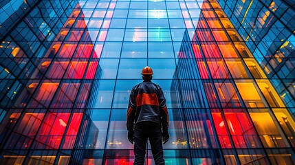 an worker standing in front of business office building from worm-eye-view perspective look up to the sky, modern city metropolis abstract background, Generative Ai