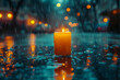 Glowing Candle in the Rain: A Symbol of Hope and Serenity