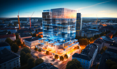 Poster - futuristic architectural design projection overlay on city block under construction at night, wirefr