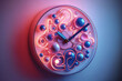 Abstract pink clock on wall with floating molecules. Futuristic concept blending art and science, elements of modern art and scientific wonder, innovation, creativity, passage of time