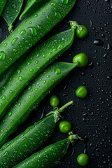 Wall Mural - Fresh Green Peas and Pods with Water Droplets on Black Background