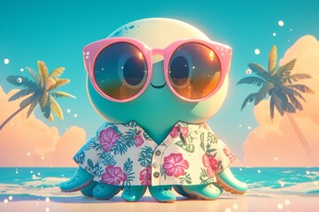 Wall Mural - A cute octopus toy with pink sunglasses is sitting on the beach.