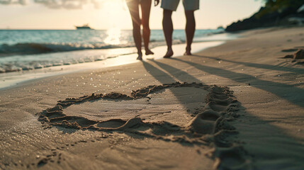 a heart shape in the sand made out of footprints with a couple walking 