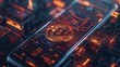 Bitcoin cryptocurrency on digital circuit board. Fintech industry and digital money concept. Macro shot with glowing technology and finance elements. Design for banner, poster, website.