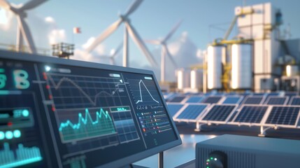 renewable energy data analysis on digital monitor at solar and wind power plant. sustainable develop