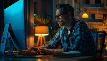 Canvas Print - A man is sitting at a desk with a computer monitor and keyboard in front of him