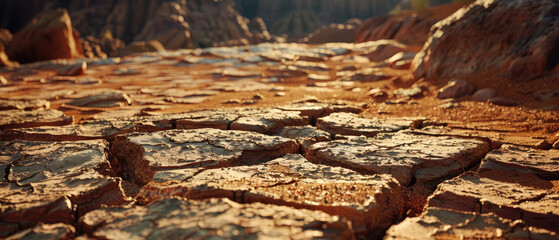 close-up of cracked surface earth soil ground in hot desert with hot sunlight