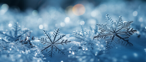 Blue Winter Wonderland with Snowflakes and Bokeh Background