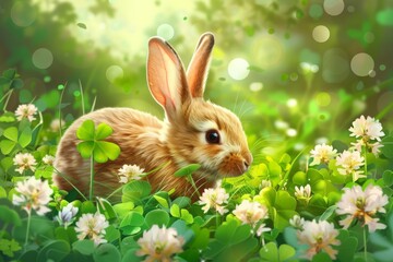 A rabbit is sitting in a field filled with clover leaves, appearing curious and engaged as it investigates its surroundings. The lush green clover leaves provide a backdrop to the scene