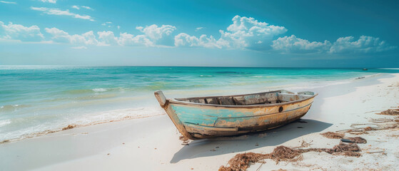 Wall Mural - old abandoned boat on beach painted with bluish white paint in tropical beach paradise as summer landscape with white sand beach, clear blue cloudy sky, calm sea 