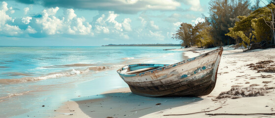 Wall Mural - old abandoned boat on beach painted with bluish white paint in tropical beach paradise as summer landscape with white sand beach, clear blue cloudy sky, calm sea