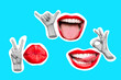 Set of woman's mouths with red glossy lips: smiling, showing tongue, kissing and hand gestures: peace, okay, shaka isolated on blue background. Contemporary art. Modern design, trendy creative collage
